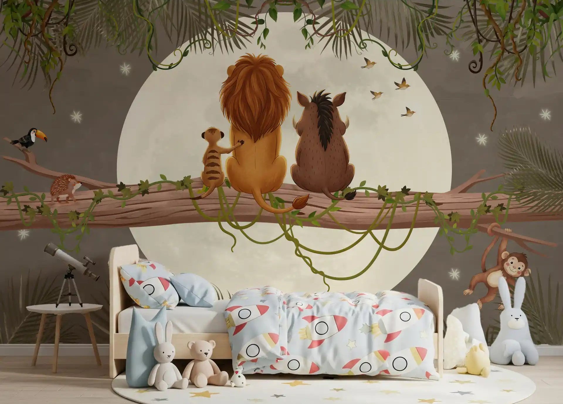 Kids bedroom wall mural showing jungle animals on a tree branch under a soft moon., GD10207