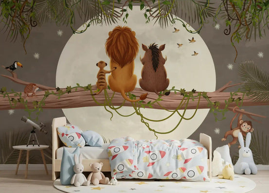Kids bedroom wall mural showing jungle animals on a tree branch under a soft moon., GD10207