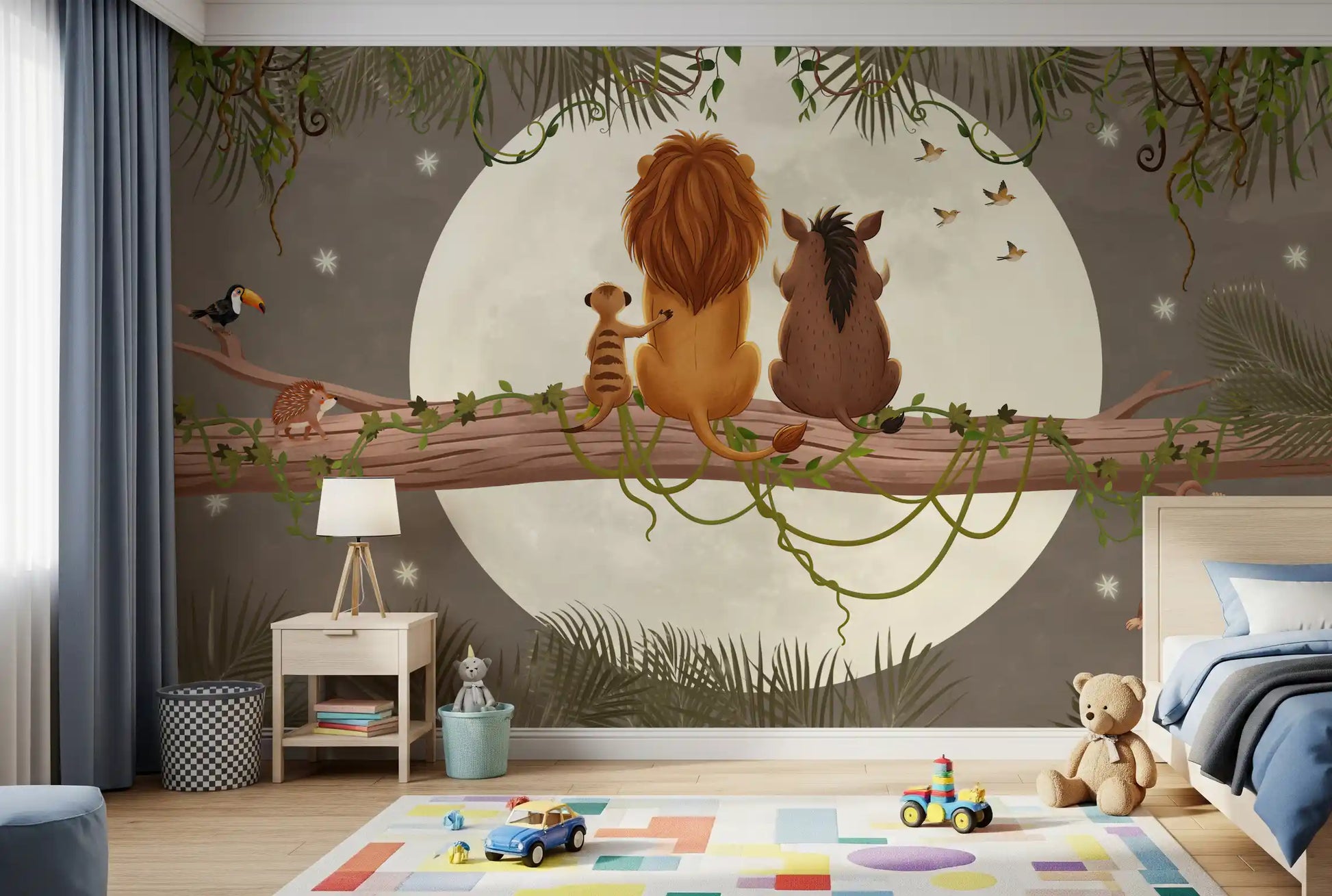Lion's mane silhouette beside a meerkat on a brown jungle branch wall mural., GD10207