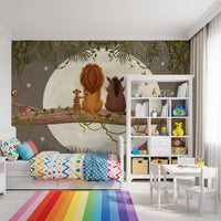 Wall mural with twisting vines, scattered stars, and a large moon behind jungle friends., GD10207