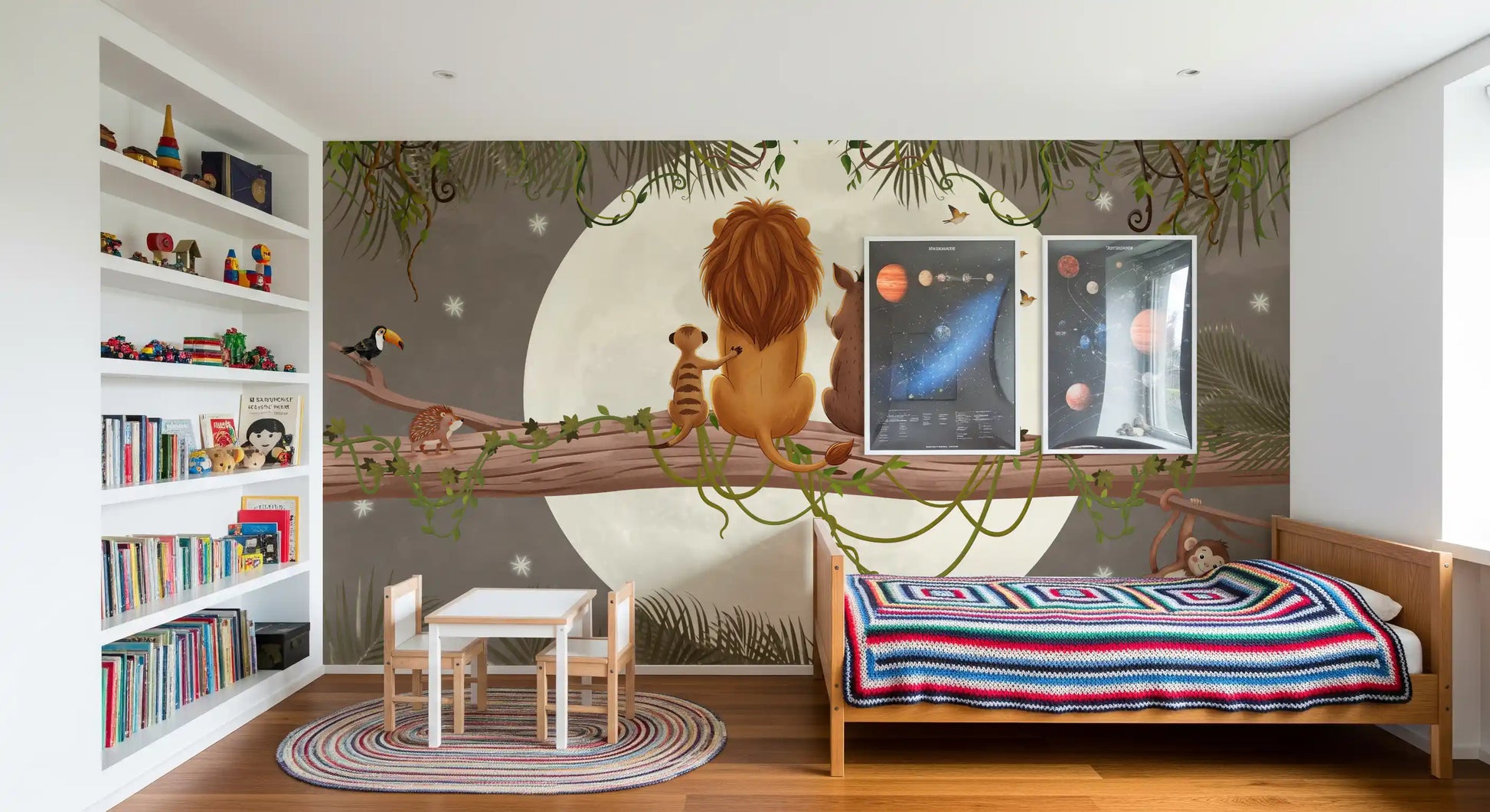 Bedroom wall featuring a moonlit jungle mural with animals and palm fronds., GD10207