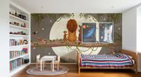 Bedroom wall featuring a moonlit jungle mural with animals and palm fronds., GD10207