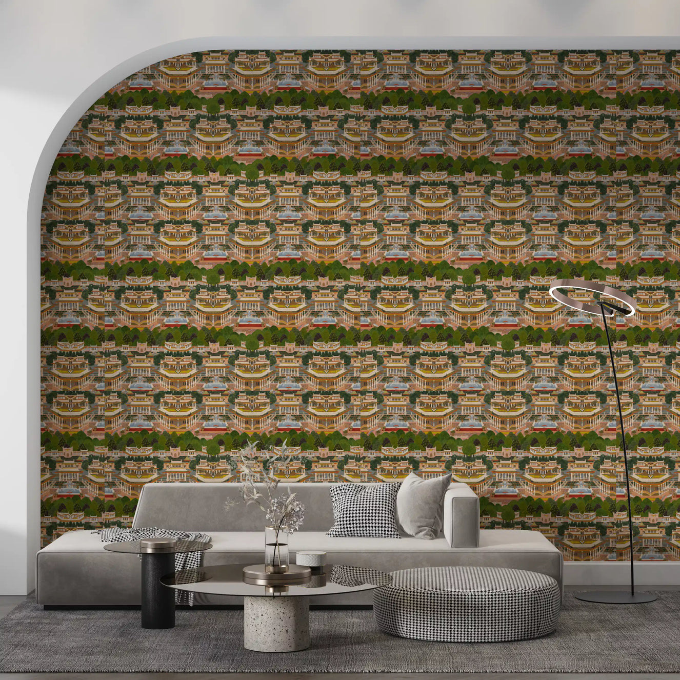Royal garden wallpaper across a living room feature wall.