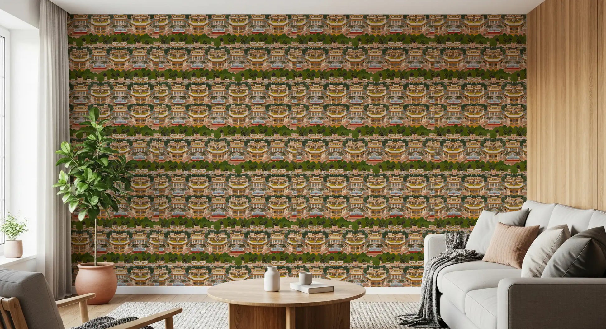 Deep green gardens wallpaper with cypress and pomegranate trees between palaces., GD10208