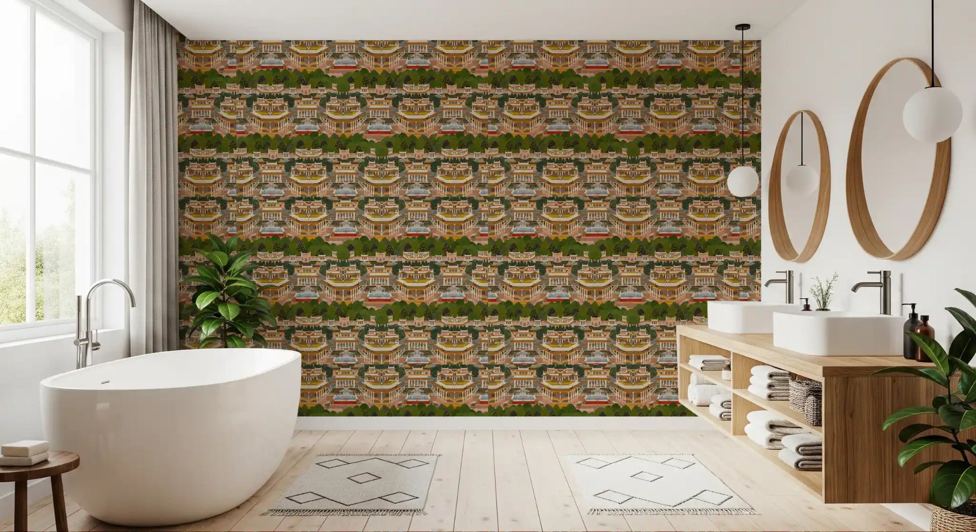royal wallpaper with Small figures and yellow window panes detailing each haveli facade., GD10208