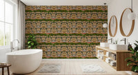 royal wallpaper with Small figures and yellow window panes detailing each haveli facade., GD10208