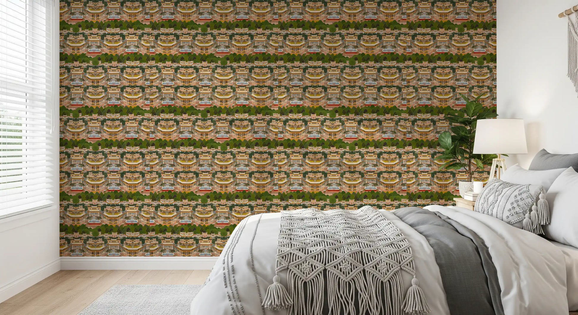 Bedroom wallpaper with Mirrored repeat of Mughal courtyards in coral pink and sage green., GD10208