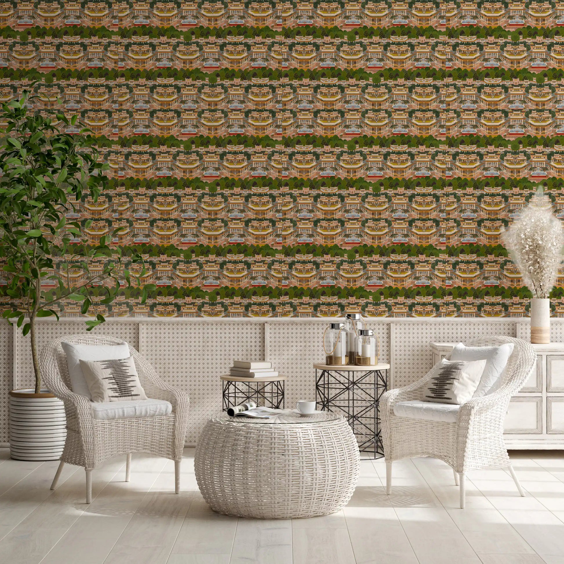 Garden wallpaper with terracotta rooftops over walled courtyards., GD10208