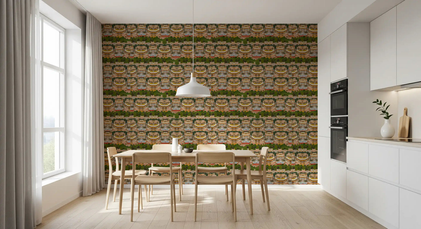 Royal garden pattern wallpaper with mirrored Mughal havelis and chhatris., GD10208