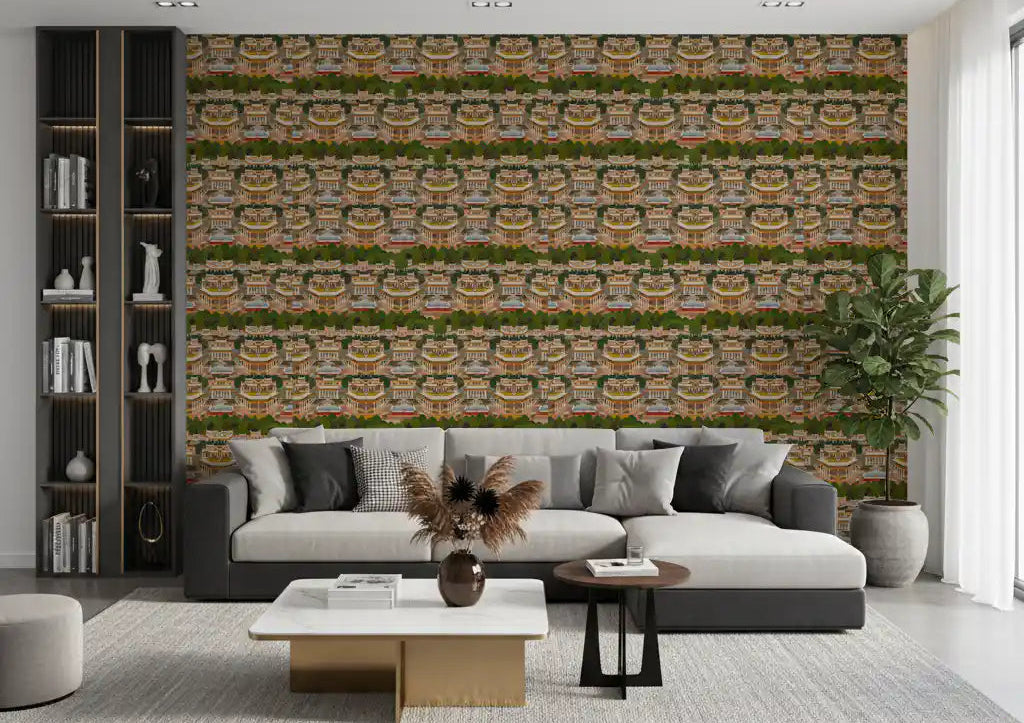 Stepwells and water tanks in pale blue set with royal garden wallpaper for living area., GD10208