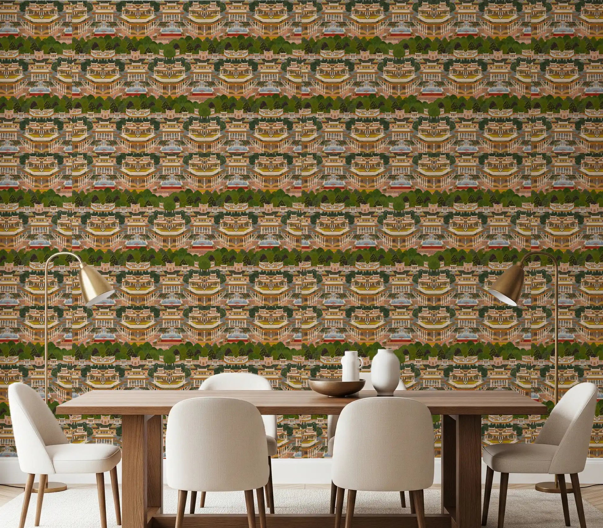 Mughal palace pattern wallpaper installed along a dining room wall., GD10208