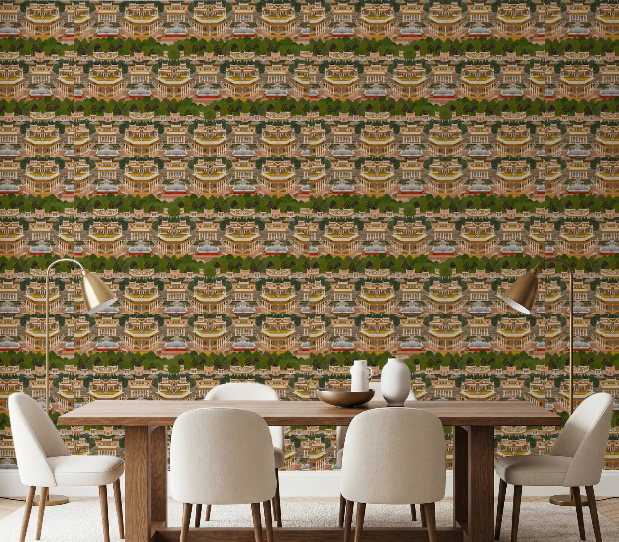 Mughal palace pattern wallpaper installed along a dining room wall., GD10208