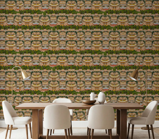 Mughal palace pattern wallpaper installed along a dining room wall.