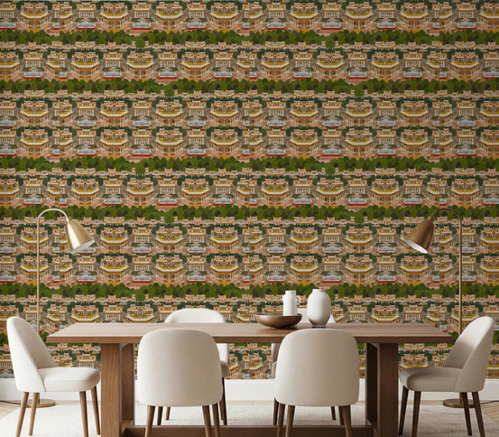 Mughal palace pattern wallpaper installed along a dining room wall., GD10208
