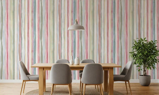 Watercolour stripe wallpaper on a dining room feature wall.