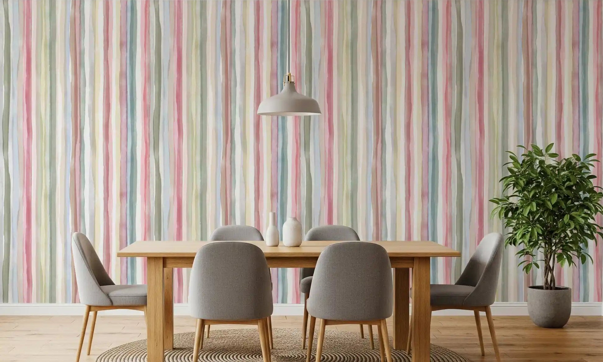 Watercolour stripe wallpaper on a dining room feature wall., GD10209