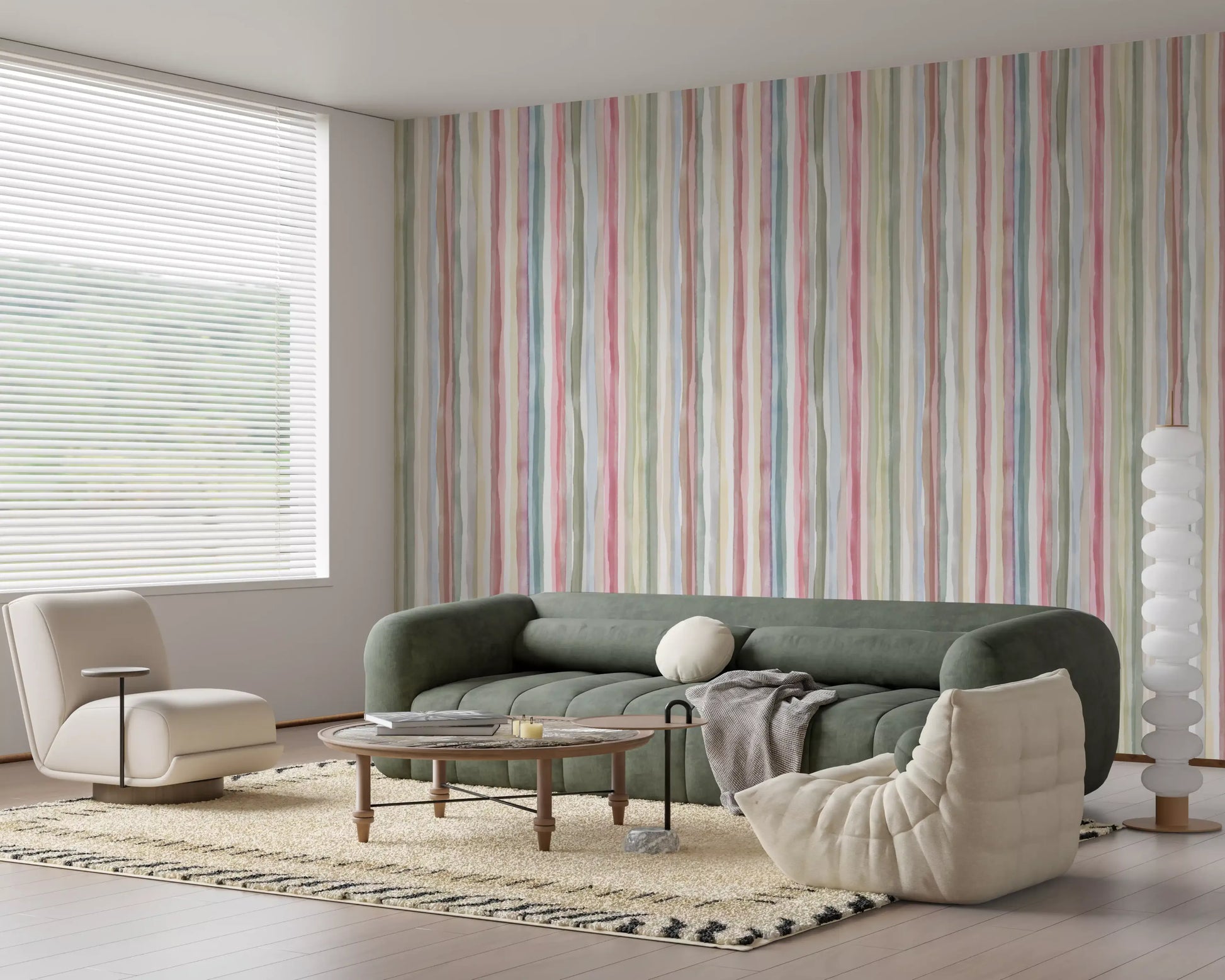 Pastel stripe wallpaper showing painterly brushed columns in soft repeat., GD10209