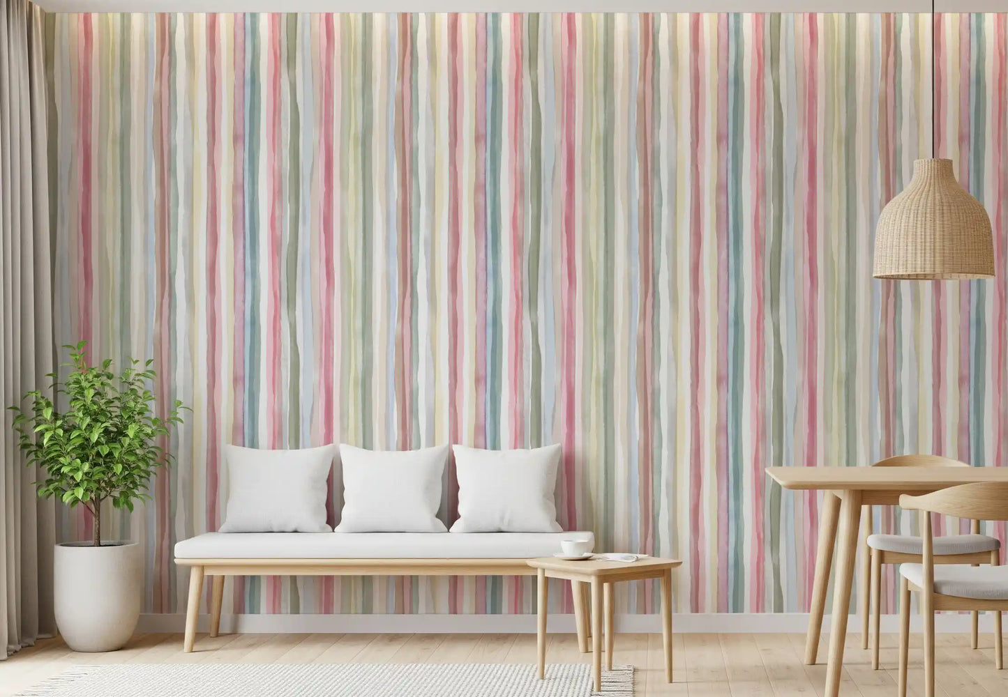 Watercolour stripe wallpaper with vertical pastel bands in sage, pink, blue and yellow., GD10209