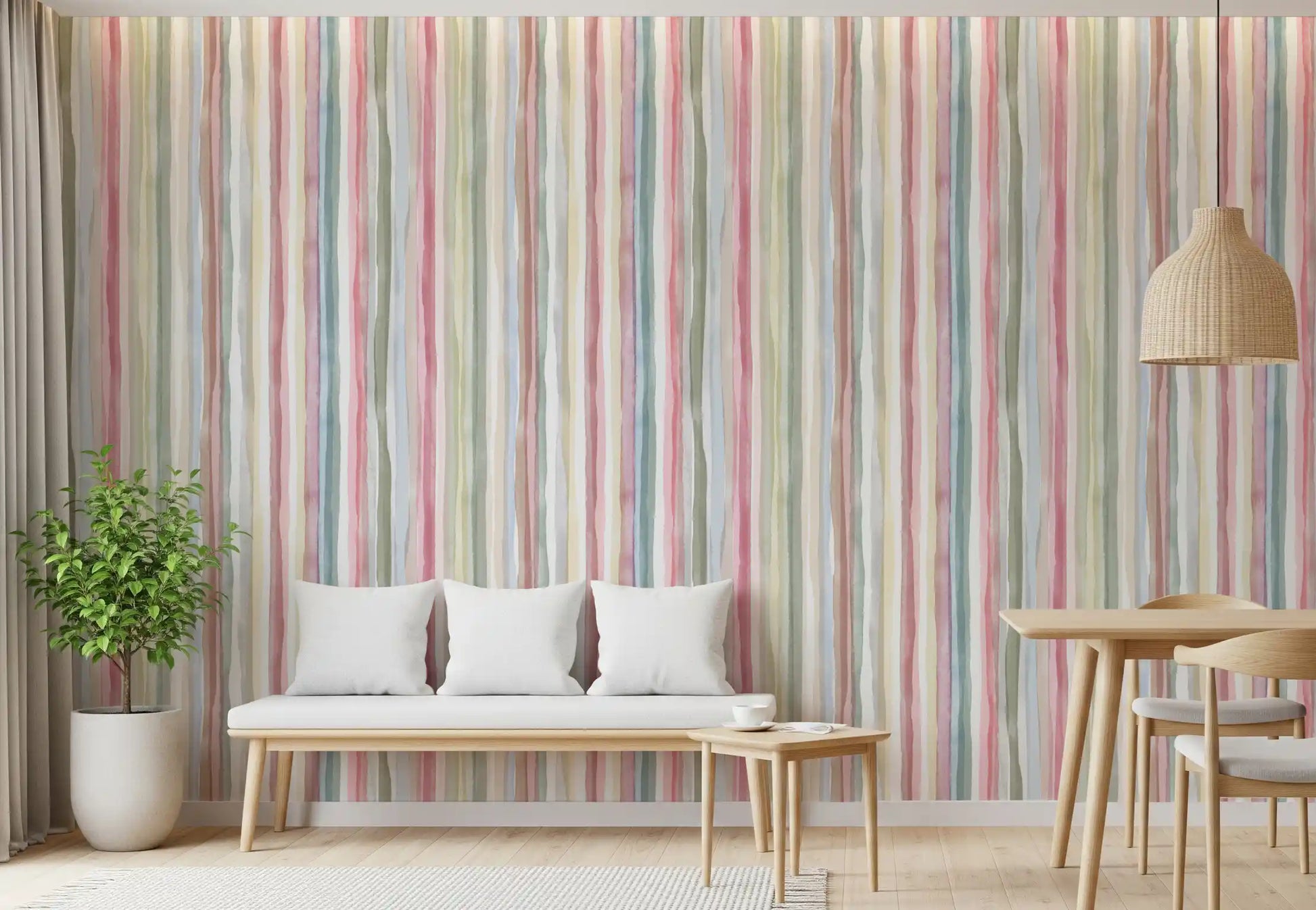 Watercolour stripe wallpaper with vertical pastel bands in sage, pink, blue and yellow., GD10209