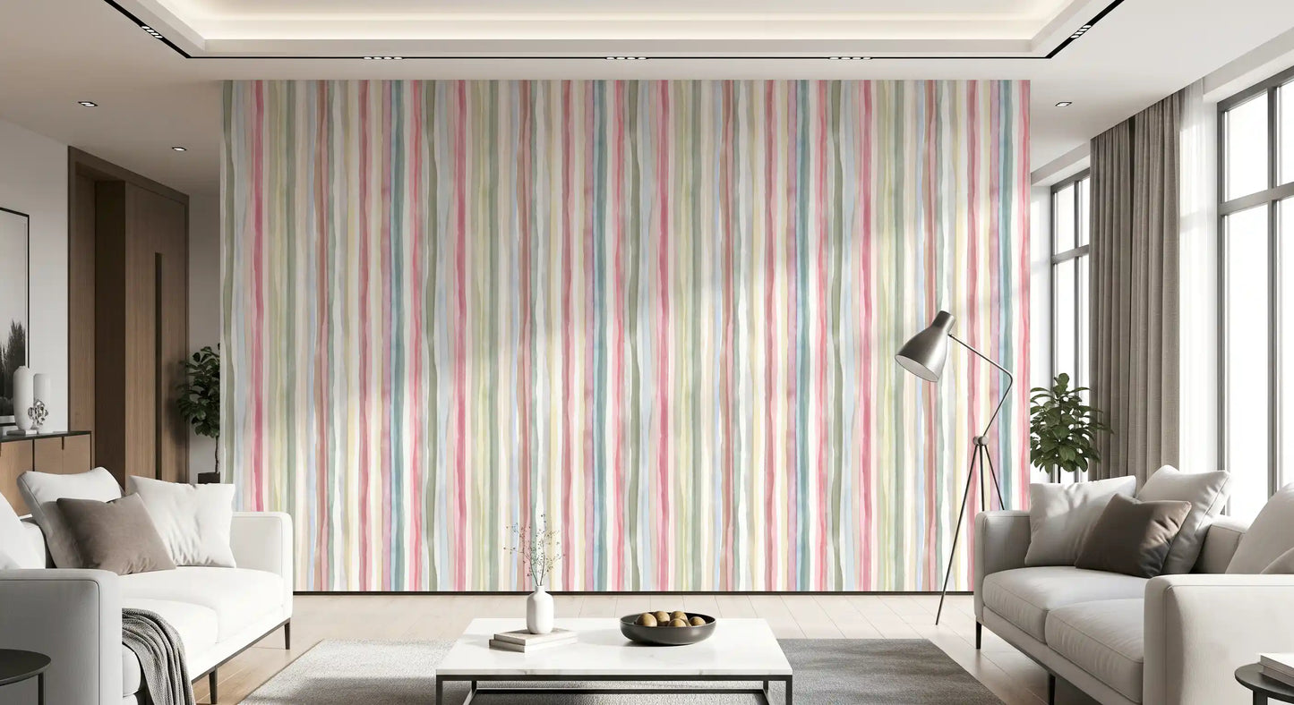 Pastel stripe wallpaper installed on a living room backdrop., GD10209