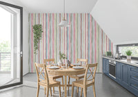 Multicolour vertical stripe wallpaper with watery edges and white gaps., GD10209