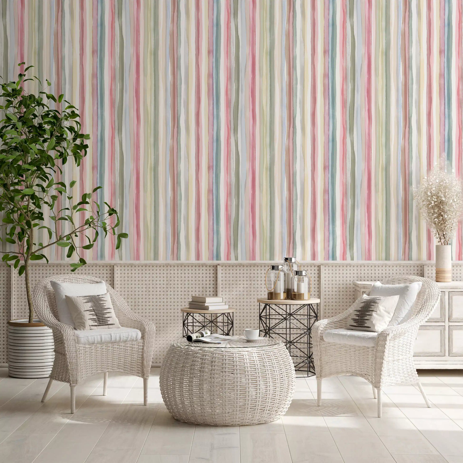 Vertical stripe wallpaper with butter yellow, sky blue and blush pink bands., GD10209