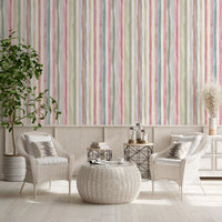 Vertical stripe wallpaper with butter yellow, sky blue and blush pink bands., GD10209