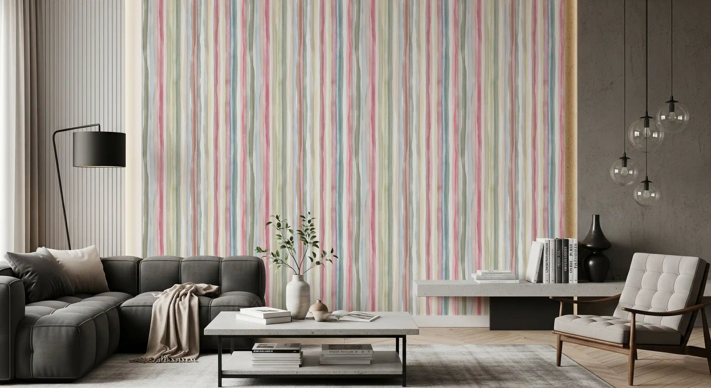 Watercolour wallpaper with sage green and blush pink vertical stripes in living room., GD10209