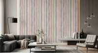 Watercolour wallpaper with sage green and blush pink vertical stripes in living room., GD10209