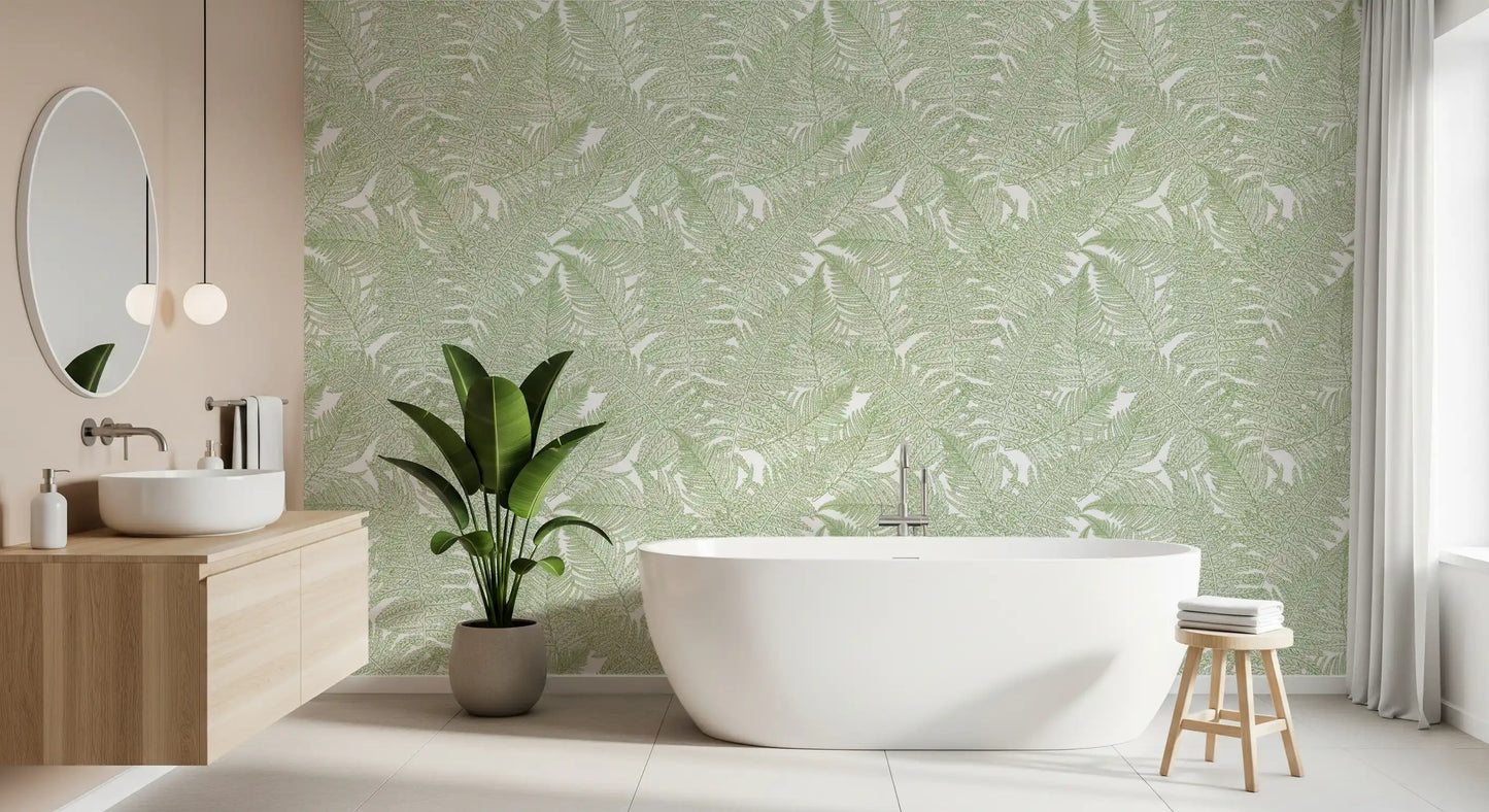Botanical fern wallpaper with detailed leaf veins on white., GD10210