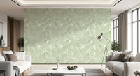 Green fern wallpaper with a balanced repeat across the surface in living room., GD10210