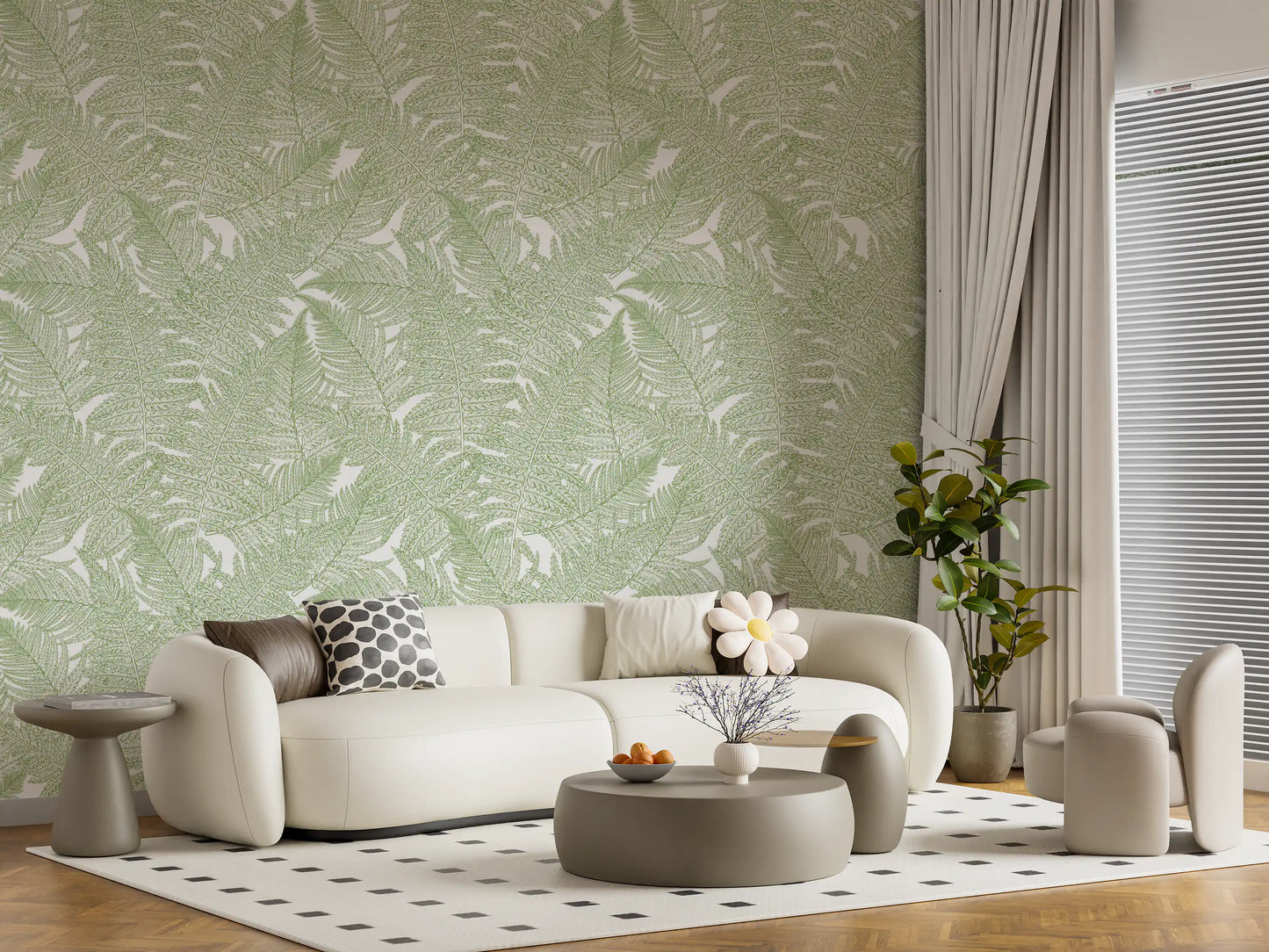 Two-tone fern wallpaper with curling fronds and small leaflets., GD10210