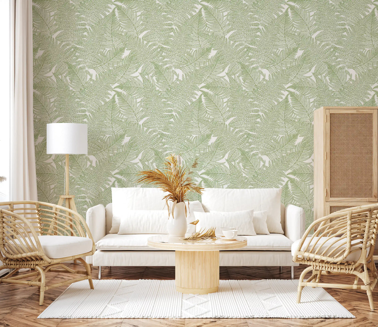 Green fern wallpaper with overlapping fronds in bright hallway backdrop., GD10210