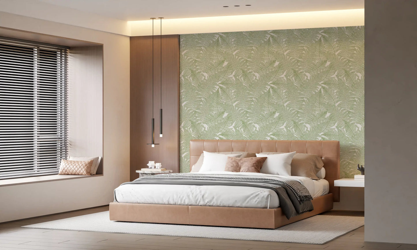 Fern wallpaper featuring sage green leaflets and slender stems., GD10210