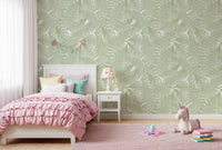 Green fern wallpaper set on a girls bedroom feature wall., GD10210