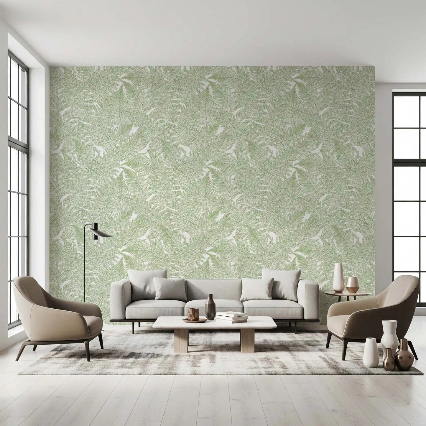 Leaf wallpaper showing fanning fronds in sage green over white., GD10210