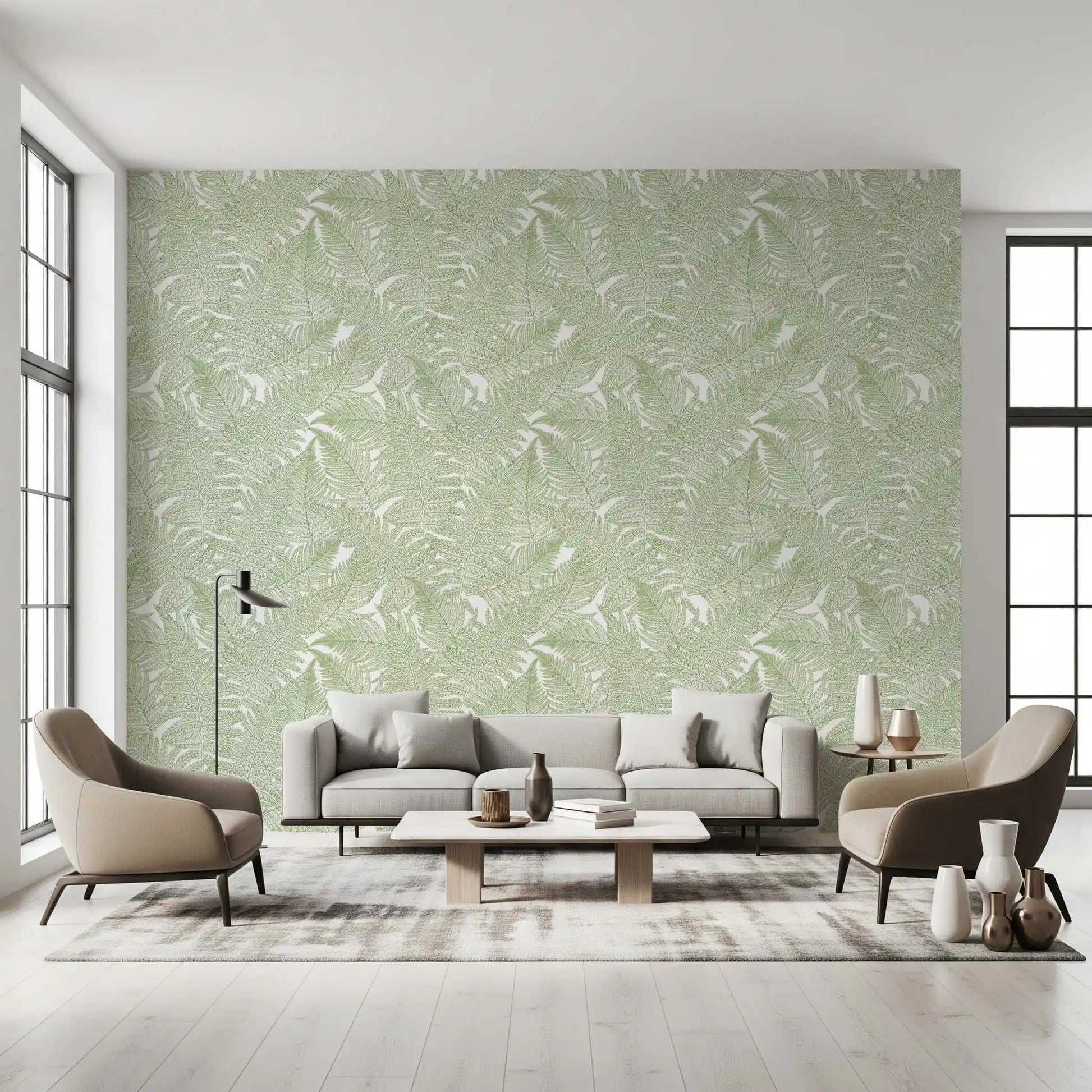 Leaf wallpaper showing fanning fronds in sage green over white., GD10210