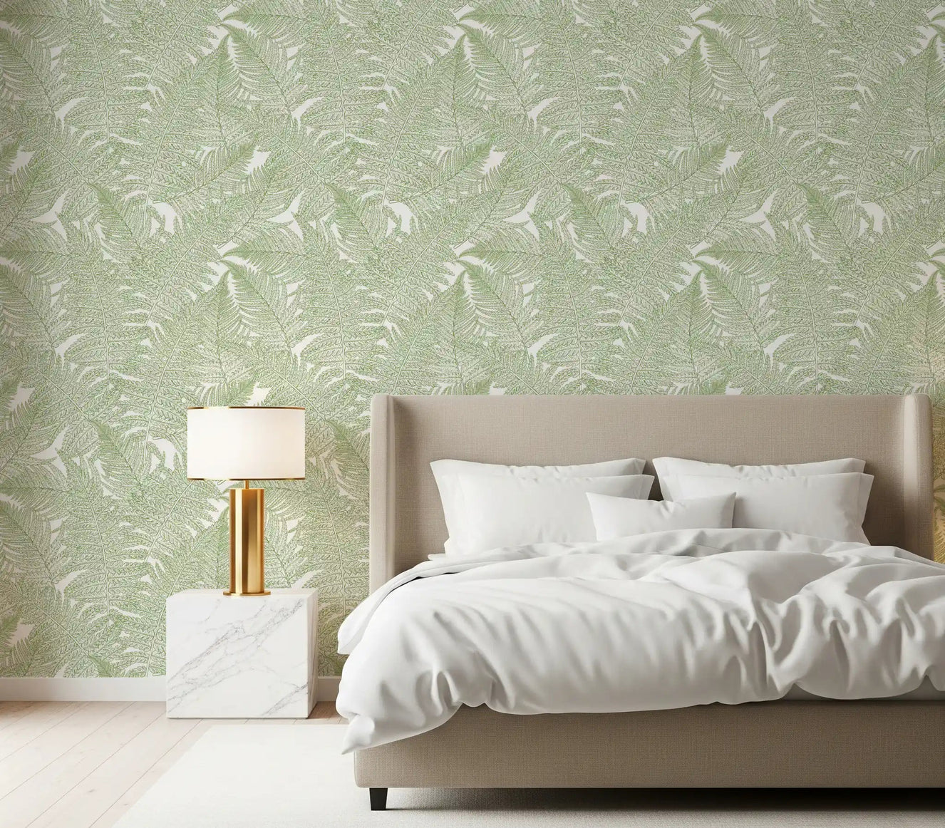 Botanical fern wallpaper set on a bedroom feature wall.