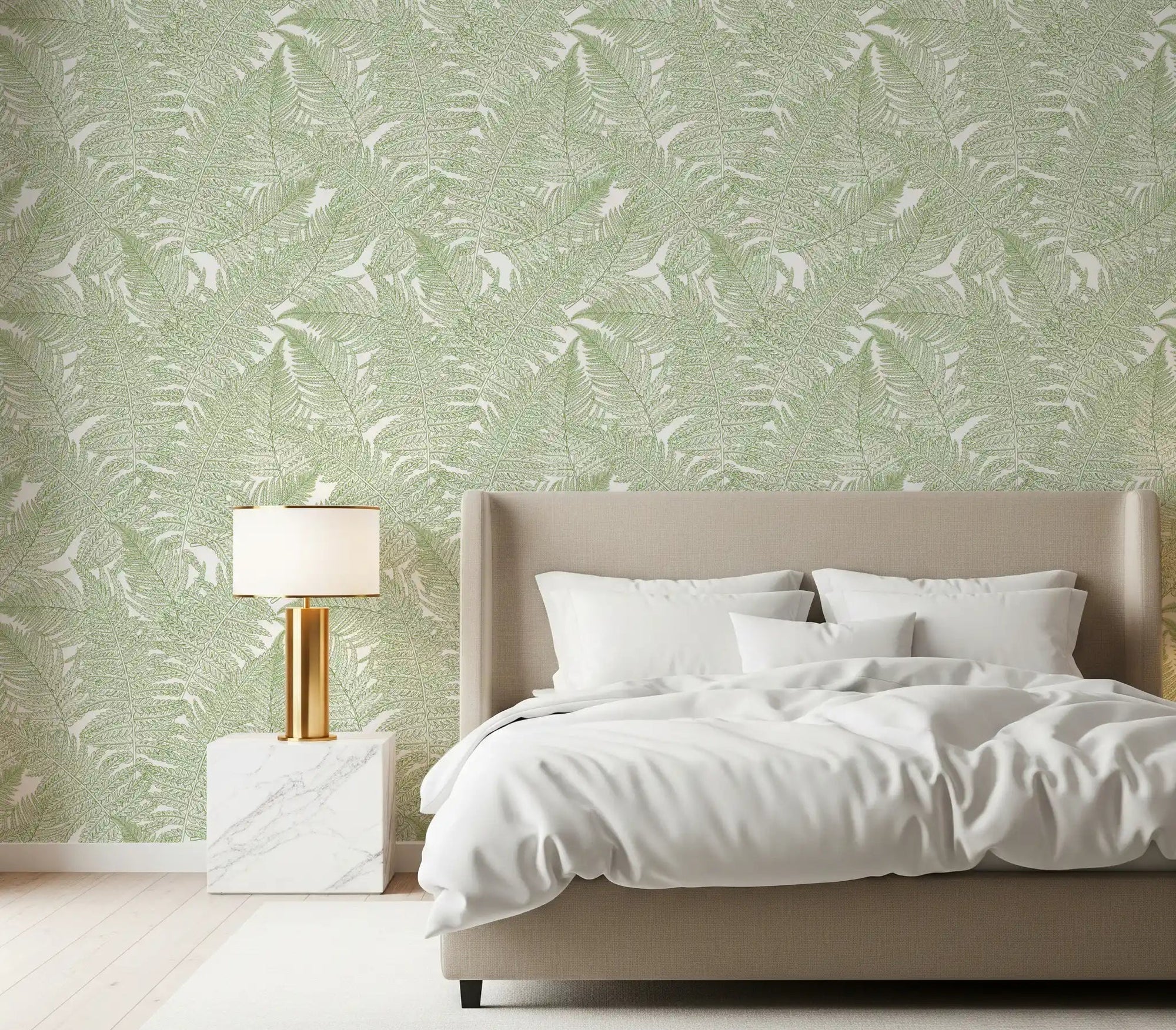 Botanical fern wallpaper set on a bedroom feature wall., GD10210