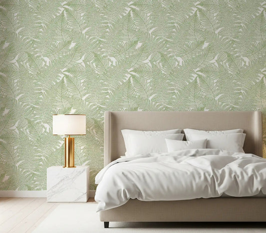 Botanical fern wallpaper set on a bedroom feature wall.
