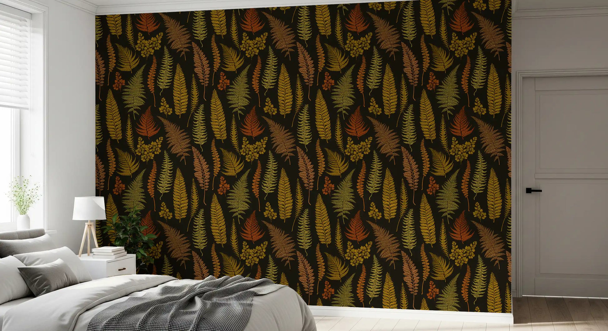 Copper and terracotta fern fronds layered with sage olive leaves on a botanical wallpaper., GD10211