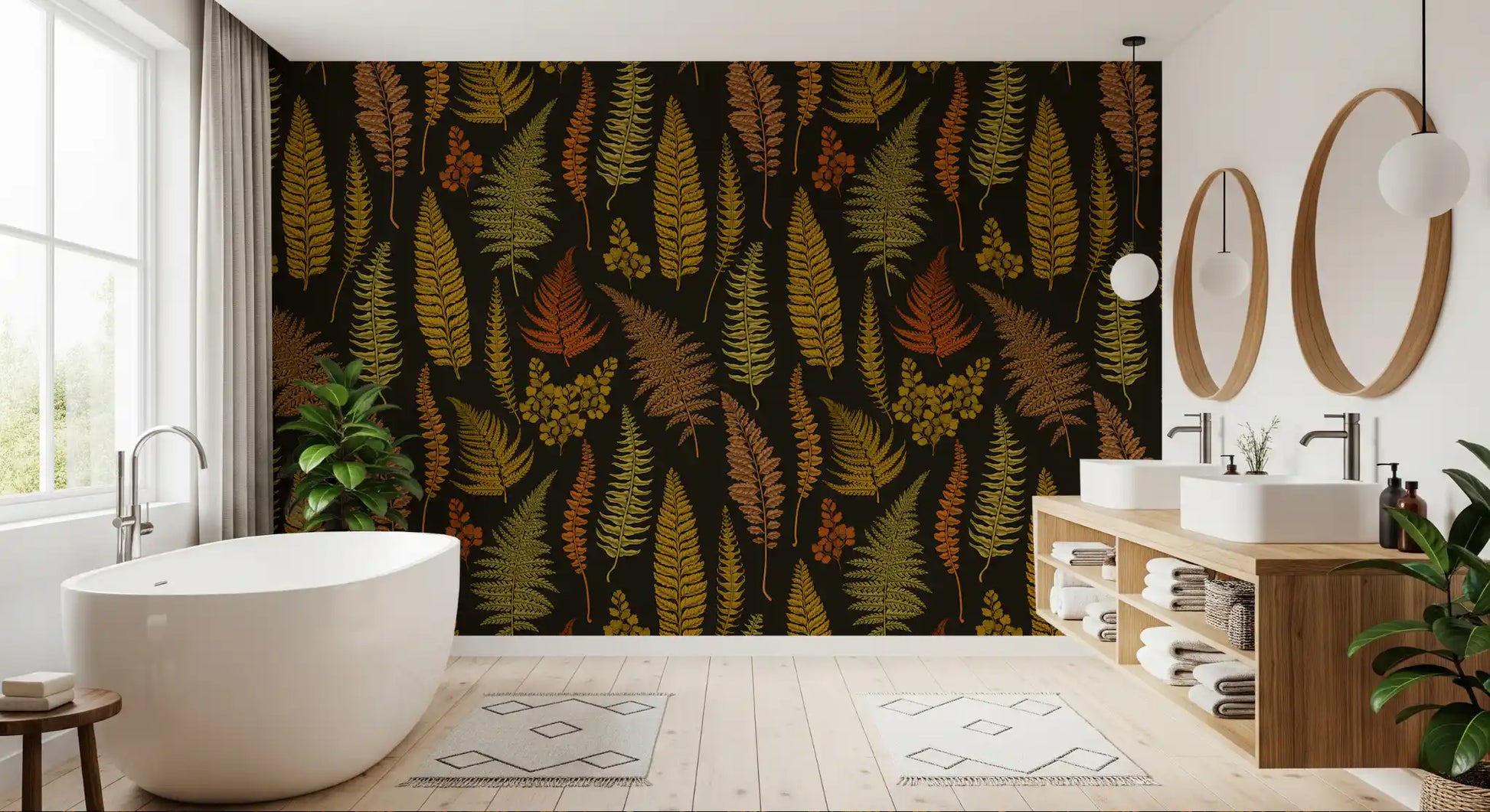 Dark botanical wallpaper showing detailed vein patterns across rust and ochre fern fronds., GD10211