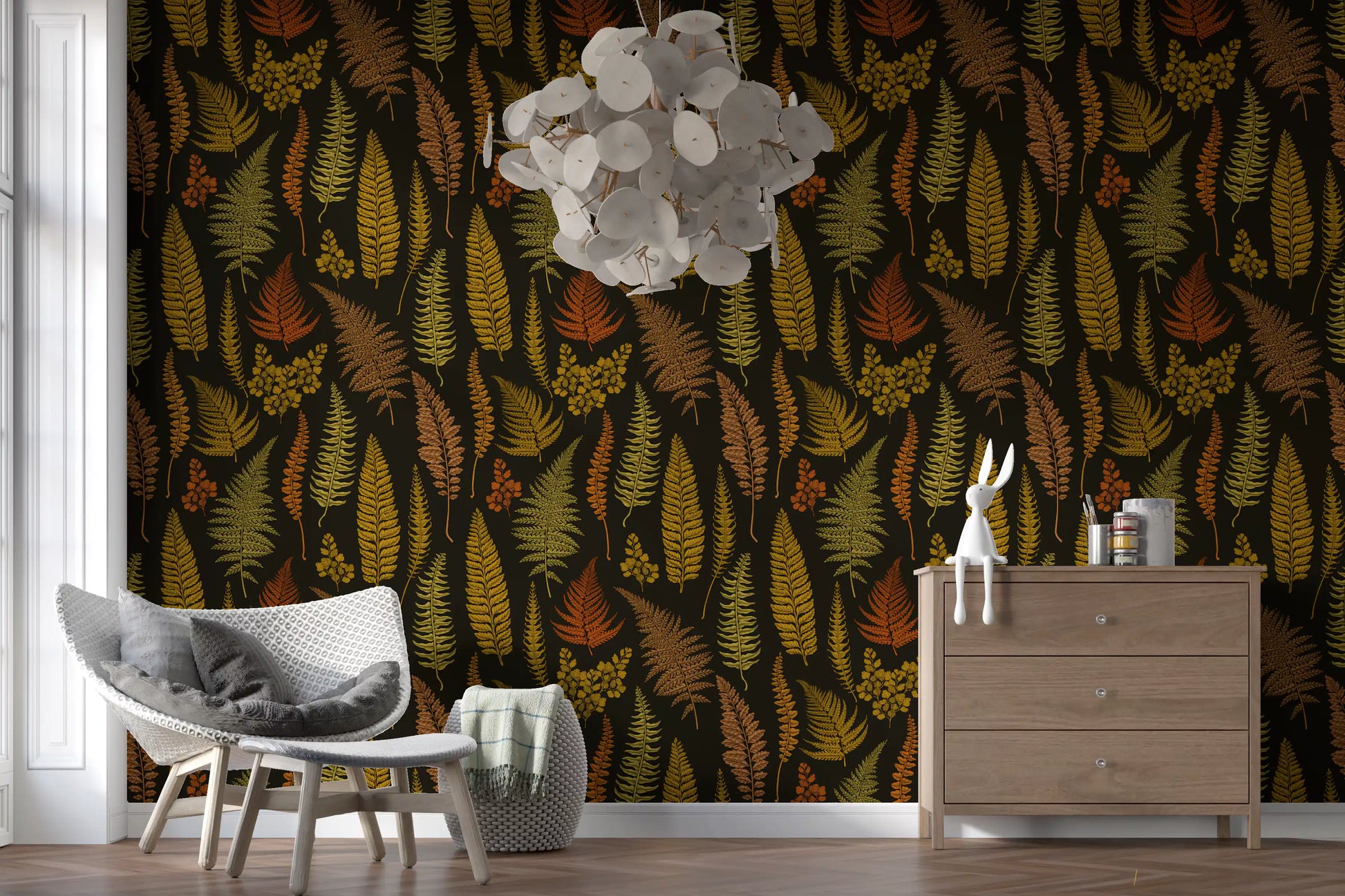 Ferns wallpaper styled on a hallway feature wall with golden and green leafs., GD10211
