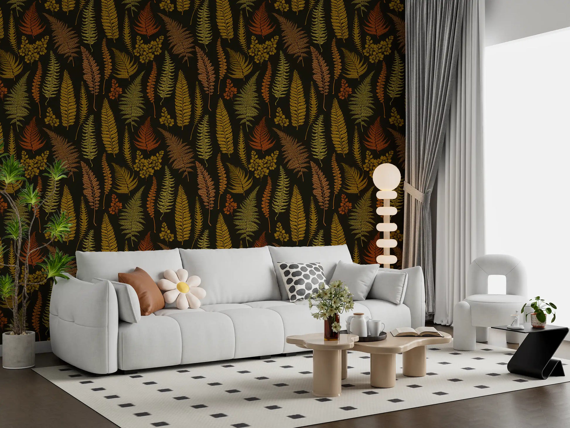 Vintage botanical wallpaper with autumnal fern fronds in copper, gold and olive tones., GD10211
