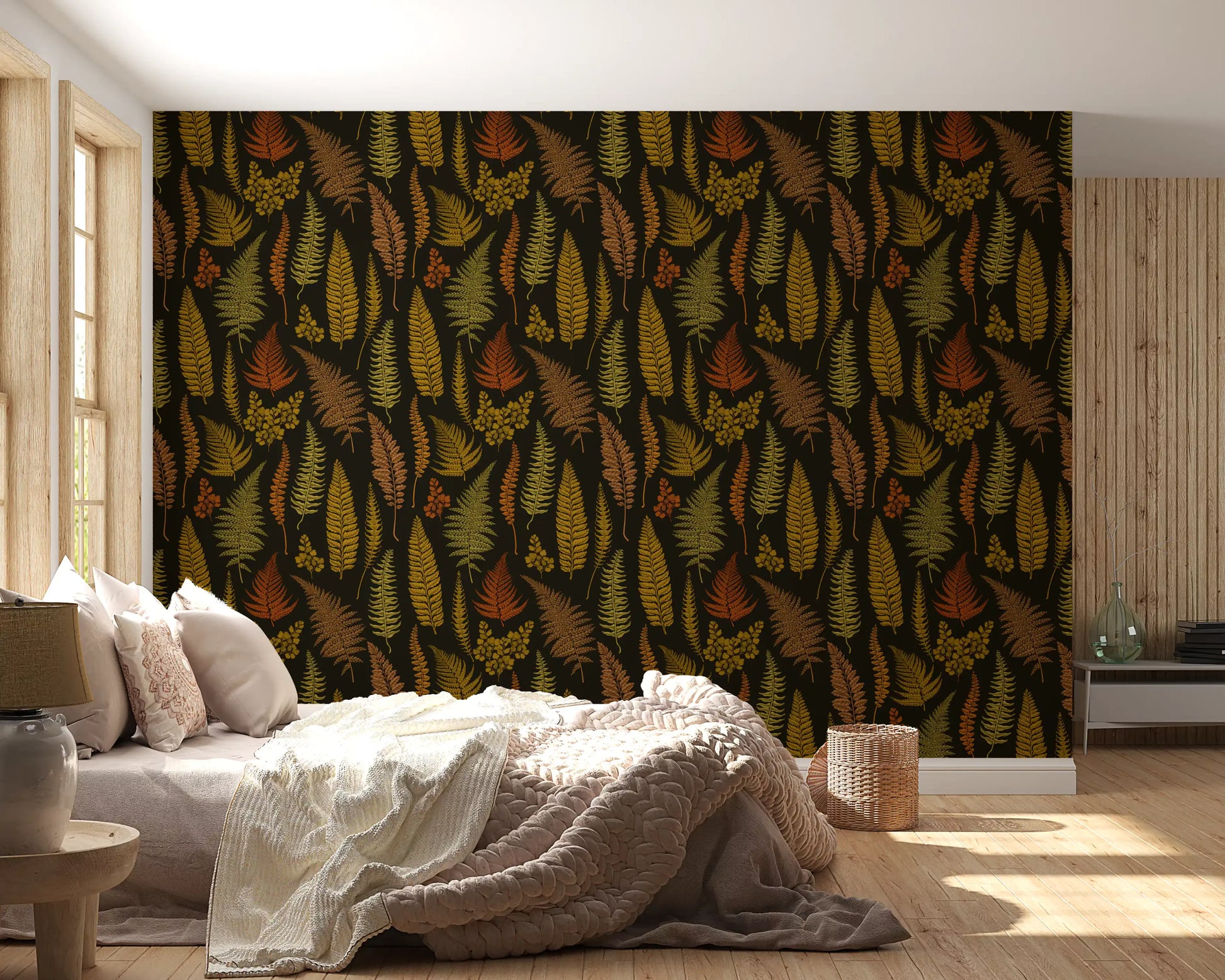 Layered fern leaves wallpaper in warm earthy tones spread across a charcoal-black backdrop., GD10211
