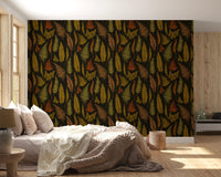 Layered fern leaves wallpaper in warm earthy tones spread across a charcoal-black backdrop., GD10211