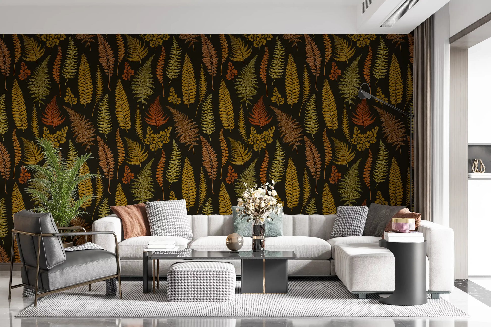 Vintage botanical wallpaper with autumnal fern fronds in copper, gold, and olive tones., GD10211