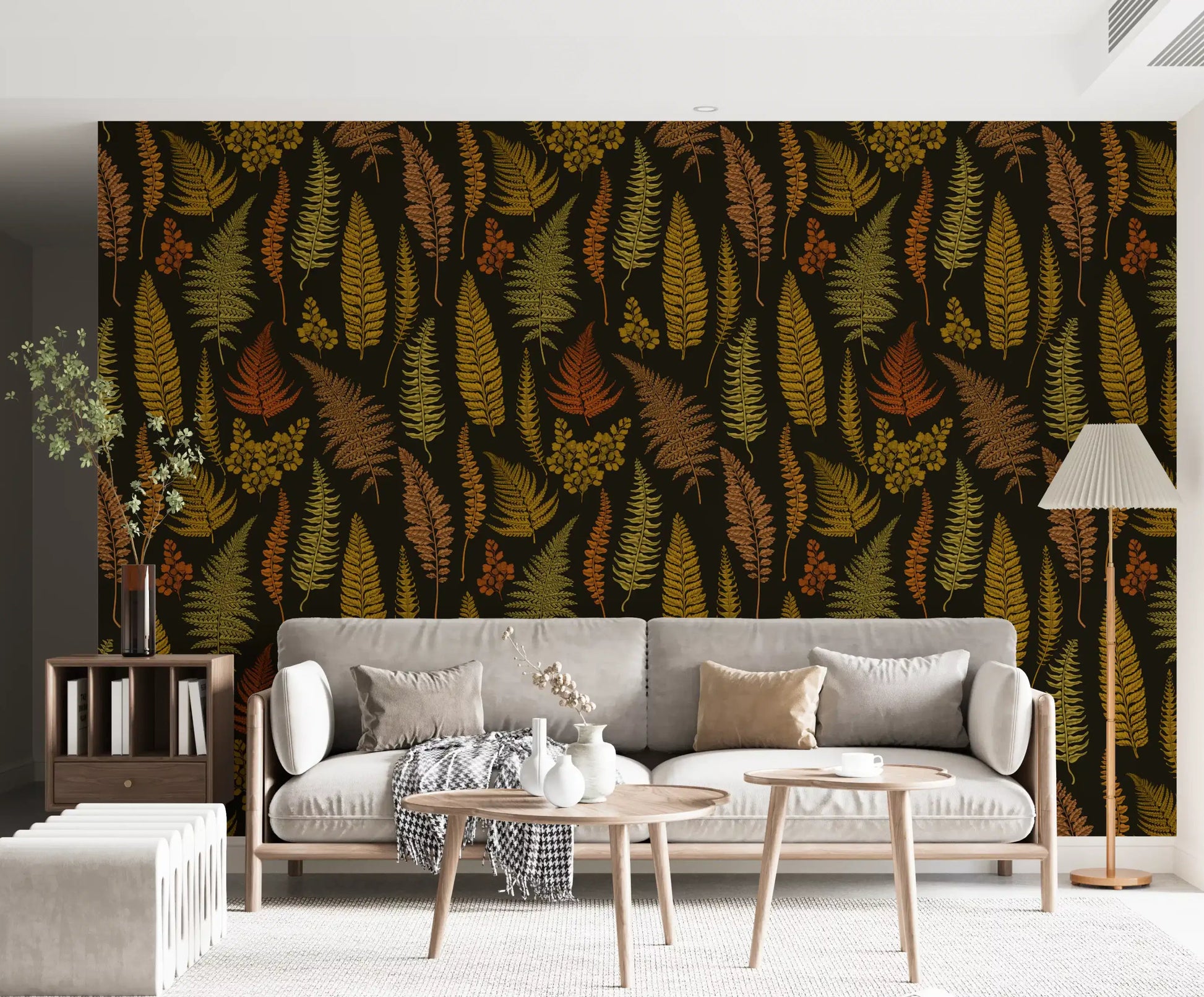 Maidenhair-style fern clusters with small rounded leaflets in mustard tones on a black wallpaper., GD10211
