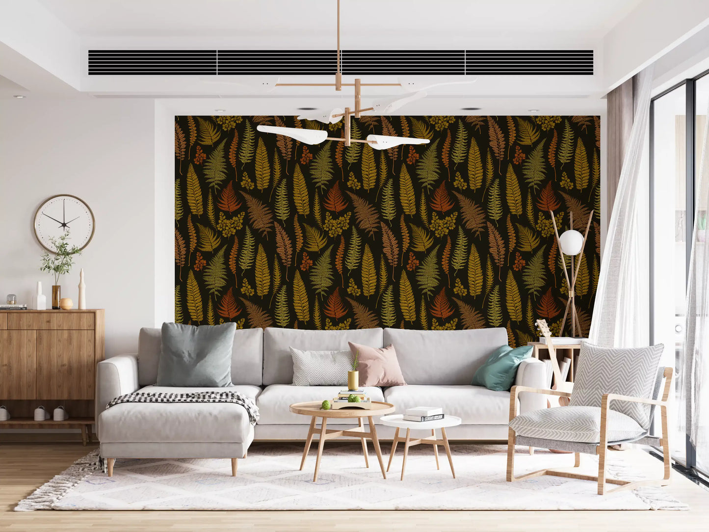 Tall feathery fern leaves in golden yellow and burnt orange across a dark botanical wallpaper., GD10211