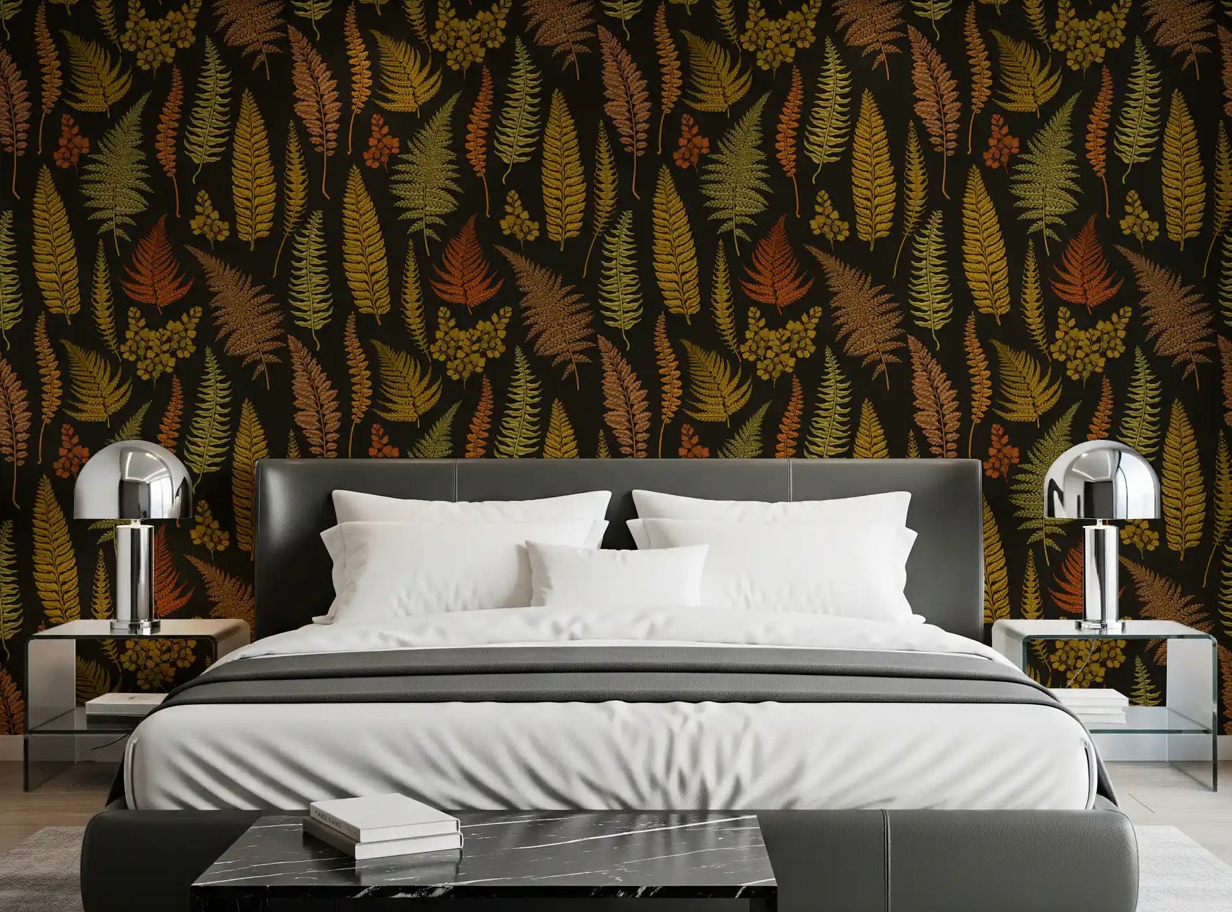 Dark botanical fern wallpaper in warm tone styled on a bedroom wall., GD10211